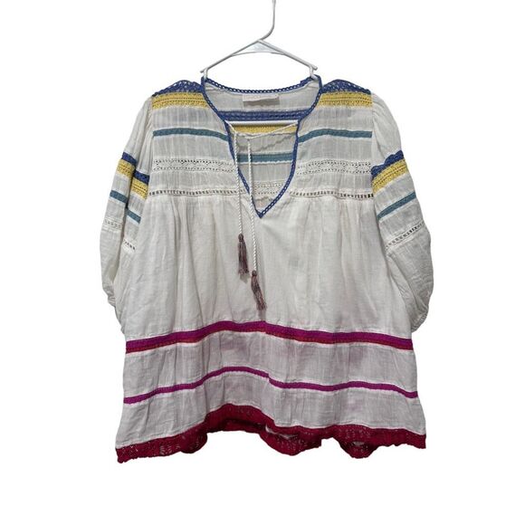 Anthropologie Carolina K Puff Sleeve Crochet Tassels Peasant Blouse White Small - Picture 1 of 9